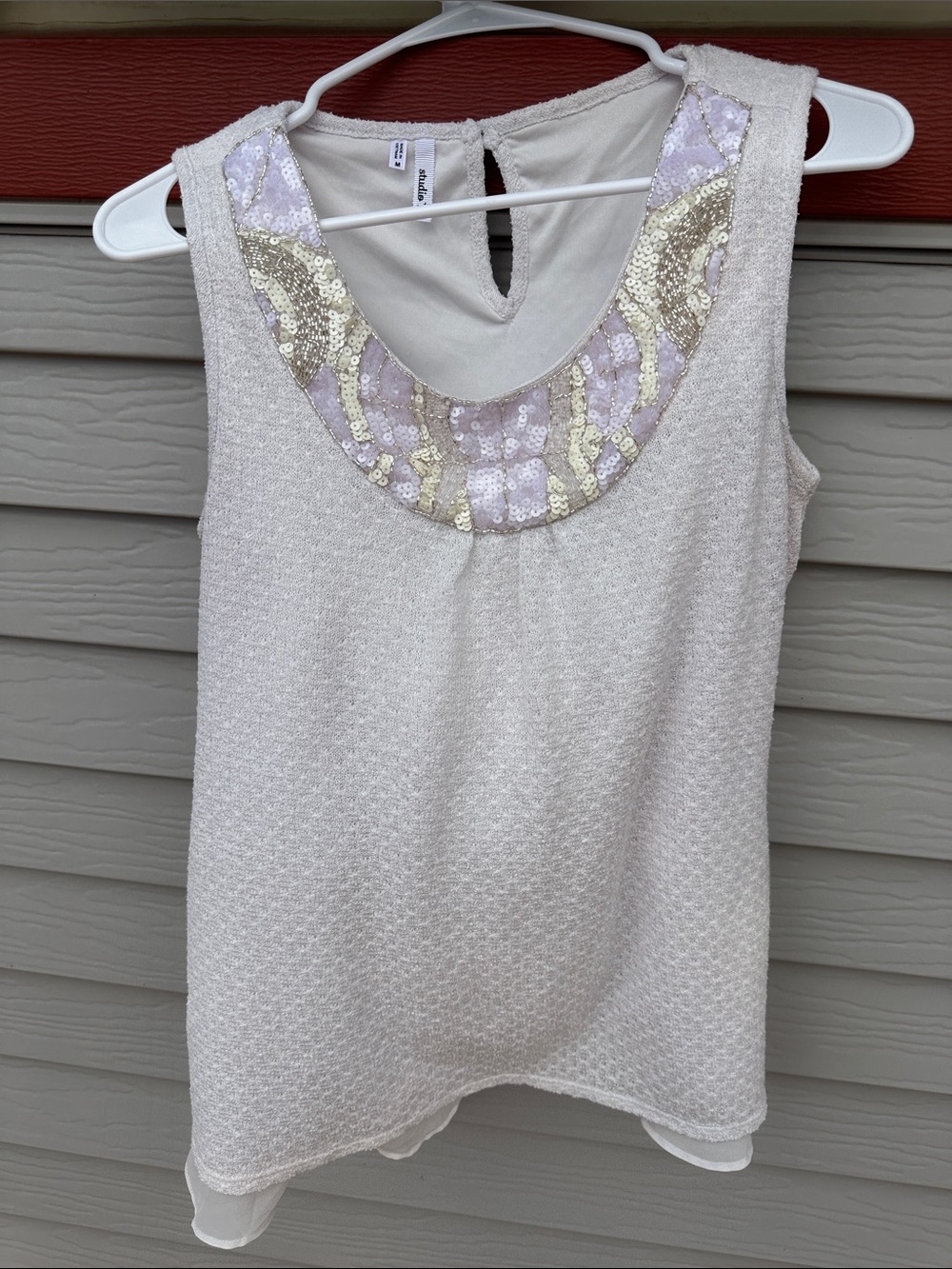 Studio Y Cream Textured Sleeveless Top with Sequin Collar